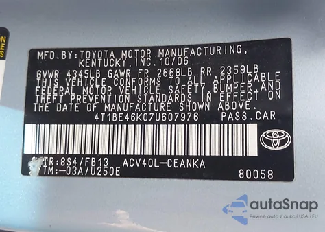 2007 Toyota Camry Le из США, поврежденный, VIN 4T1BE46K07U607976